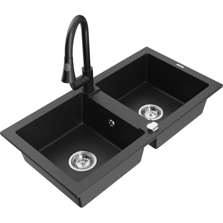 Mexen Mario zlewozmywak granitowy 2-komorowy z baterią kuchenną Elia, czarny/srebrny metalik - 6504-73-670101-70