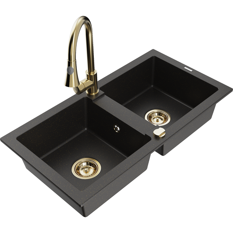 Mexen Mario zlewozmywak granitowy 2-komorowy z baterią kuchenną Elia, czarny/złoty metalik - 6504-75-670101-50