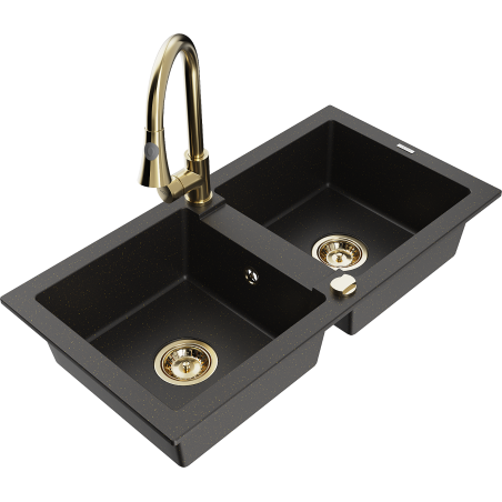 Mexen Mario zlewozmywak granitowy 2-komorowy z baterią kuchenną Elia, czarny/złoty metalik - 6504-75-670101-50