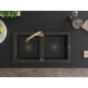 Mexen Mario zlewozmywak granitowy 2-komorowy z baterią kuchenną Elia, czarny/złoty metalik - 6504-75-670101-50-B