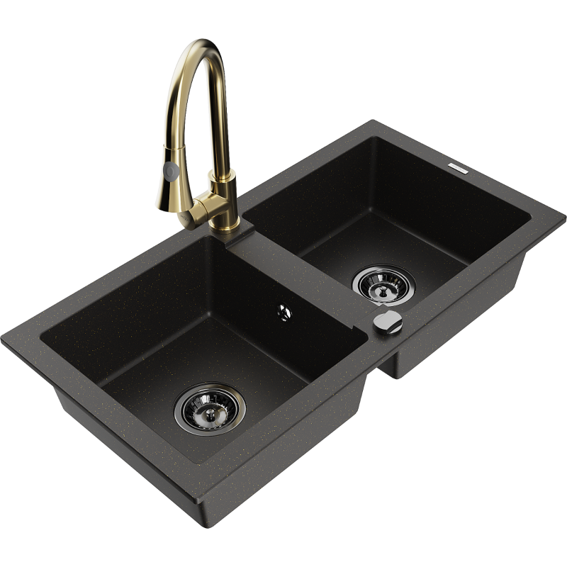 Mexen Mario zlewozmywak granitowy 2-komorowy z baterią kuchenną Elia, czarny/złoty metalik - 6504-75-670101-50-B