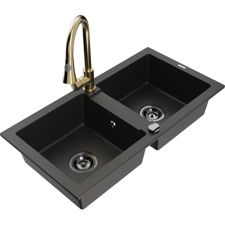 Mexen Mario zlewozmywak granitowy 2-komorowy z baterią kuchenną Elia, czarny/złoty metalik - 6504-75-670101-50-B