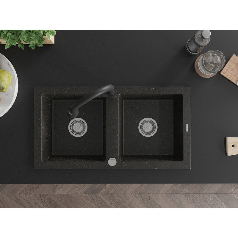 Mexen Mario zlewozmywak granitowy 2-komorowy z baterią kuchenną Elia, czarny/złoty metalik - 6504-75-670101-70