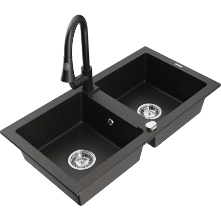 Mexen Mario zlewozmywak granitowy 2-komorowy z baterią kuchenną Elia, czarny/złoty metalik - 6504-75-670101-70