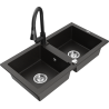 Mexen Mario zlewozmywak granitowy 2-komorowy z baterią kuchenną Elia, czarny/złoty metalik - 6504-75-670101-70