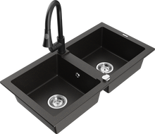 Mexen Mario zlewozmywak granitowy 2-komorowy z baterią kuchenną Elia, czarny/złoty metalik - 6504-75-670101-70