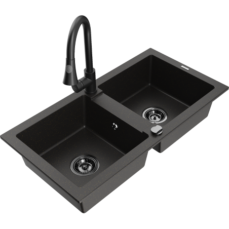 Mexen Mario zlewozmywak granitowy 2-komorowy z baterią kuchenną Elia, czarny/złoty metalik - 6504-75-670101-70-B