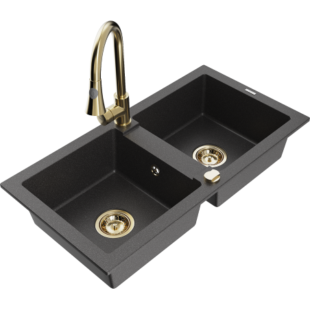 Mexen Mario zlewozmywak granitowy 2-komorowy z baterią kuchenną Elia, czarny nakrapiany - 6504-76-670101-50