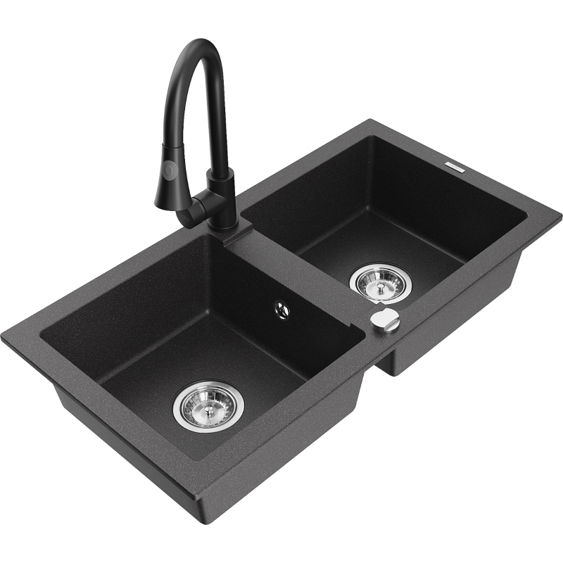 Mexen Mario zlewozmywak granitowy 2-komorowy z baterią kuchenną Elia, czarny nakrapiany - 6504-76-670101-70