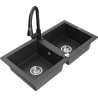 Mexen Mario zlewozmywak granitowy 2-komorowy z baterią kuchenną Elia, czarny nakrapiany - 6504-76-670101-70