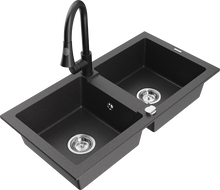 Mexen Mario zlewozmywak granitowy 2-komorowy z baterią kuchenną Elia, czarny nakrapiany - 6504-76-670101-70