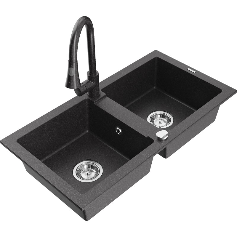 Mexen Mario zlewozmywak granitowy 2-komorowy z baterią kuchenną Elia, czarny nakrapiany - 6504-76-670101-76