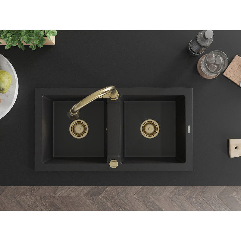 Mexen Mario zlewozmywak granitowy 2-komorowy z baterią kuchenną Elia, czarny - 6504-77-670101-50