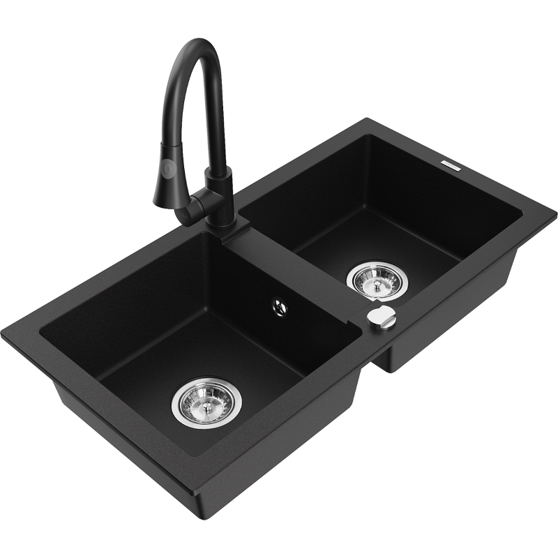 Mexen Mario zlewozmywak granitowy 2-komorowy z baterią kuchenną Elia, czarny - 6504-77-670101-70