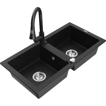 Mexen Mario zlewozmywak granitowy 2-komorowy z baterią kuchenną Elia, czarny - 6504-77-670101-70
