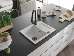 Mexen Enzo zlewozmywak granitowy 1-komorowy z ociekaczem i baterią kuchenną Elia, biały - 6506-20-670101-70