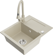 Mexen Enzo zlewozmywak granitowy 1-komorowy z ociekaczem i baterią kuchenną Elia, beżowy - 6506-69-670101-69