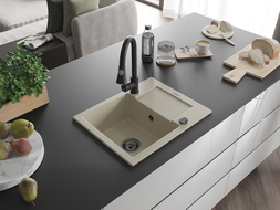 Mexen Enzo zlewozmywak granitowy 1-komorowy z ociekaczem i baterią kuchenną Elia, beżowy - 6506-69-670101-70