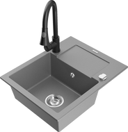 Mexen Enzo zlewozmywak granitowy 1-komorowy z ociekaczem i baterią kuchenną Elia, szary - 6506-71-670101-70
