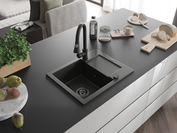 Mexen Enzo zlewozmywak granitowy 1-komorowy z ociekaczem i baterią kuchenną Elia, czarny/złoty metalik - 6506-75-670101-70-B