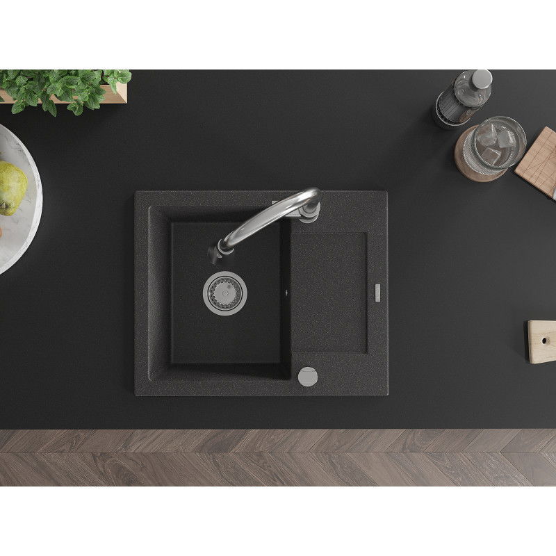 Mexen Enzo zlewozmywak granitowy 1-komorowy z ociekaczem i baterią kuchenną Elia, czarny nakrapiany - 6506-76-670101-00