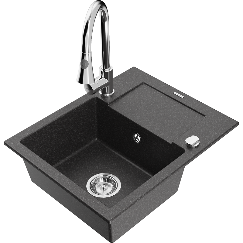 Mexen Enzo zlewozmywak granitowy 1-komorowy z ociekaczem i baterią kuchenną Elia, czarny nakrapiany - 6506-76-670101-00