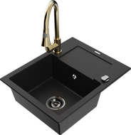Mexen Enzo zlewozmywak granitowy 1-komorowy z ociekaczem i baterią kuchenną Elia, czarny - 6506-77-670101-50-B