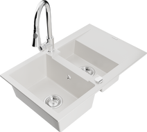 Mexen Gaspar zlewozmywak granitowy 1,5-komorowy z ociekaczem i baterią kuchenną Elia, biały - 6507-20-670101-00