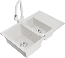 Mexen Gaspar zlewozmywak granitowy 1,5-komorowy z ociekaczem i baterią kuchenną Elia, biały - 6507-20-670101-20