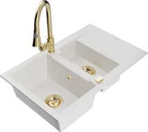 Mexen Gaspar zlewozmywak granitowy 1,5-komorowy z ociekaczem i baterią kuchenną Elia, biały - 6507-20-670101-50