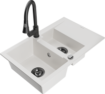 Mexen Gaspar zlewozmywak granitowy 1,5-komorowy z ociekaczem i baterią kuchenną Elia, biały - 6507-20-670101-70