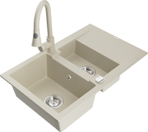 Mexen Gaspar zlewozmywak granitowy 1,5-komorowy z ociekaczem i baterią kuchenną Elia, beżowy - 6507-69-670101-69