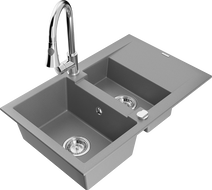 Mexen Gaspar zlewozmywak granitowy 1,5-komorowy z ociekaczem i baterią kuchenną Elia, szary - 6507-71-670101-00