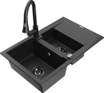 Mexen Gaspar zlewozmywak granitowy 1,5-komorowy z ociekaczem i baterią kuchenną Elia, czarny/srebrny - 6507-73-670101-70-B