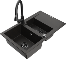 Mexen Gaspar zlewozmywak granitowy 1,5-komorowy z ociekaczem i baterią kuchenną Elia, czarny/złoty metalik - 6507-75-670101-70-B