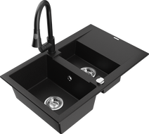 Mexen Gaspar zlewozmywak granitowy 1,5-komorowy z ociekaczem i baterią kuchenną Elia, czarny - 6507-77-670101-70