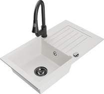 Mexen Pablo zlewozmywak granitowy 1-komorowy z ociekaczem i baterią kuchenną Elia, biały - 6510-20-670101-70