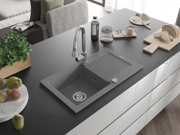 Mexen Pablo zlewozmywak granitowy 1-komorowy z ociekaczem i baterią kuchenną Elia, szary - 6510-71-670101-00