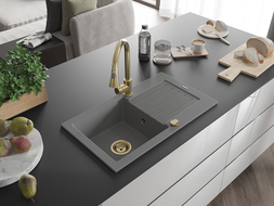 Mexen Pablo zlewozmywak granitowy 1-komorowy z ociekaczem i baterią kuchenną Elia, szary - 6510-71-670101-50