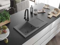 Mexen Pablo zlewozmywak granitowy 1-komorowy z ociekaczem i baterią kuchenną Elia, szary - 6510-71-670101-70-B