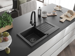 Mexen Pablo zlewozmywak granitowy 1-komorowy z ociekaczem i baterią kuchenną Elia, czarny/srebrny metalik - 6510-73-670101-70-B