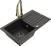 Mexen Pablo zlewozmywak granitowy 1-komorowy z ociekaczem i baterią kuchenną Elia, czarny/złoty metalik - 6510-75-670101-50-B