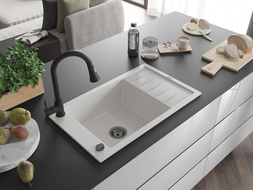 Mexen Elias zlewozmywak granitowy 1-komorowy z ociekaczem i baterią kuchenną Elia, biały - 6511-20-670101-70