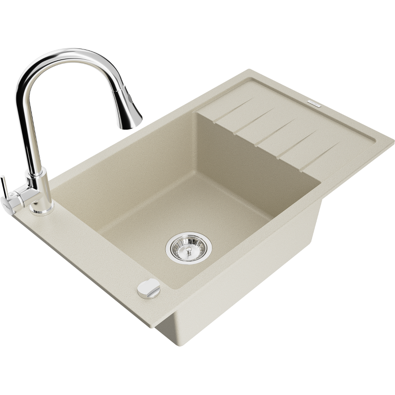 Mexen Elias zlewozmywak granitowy 1-komorowy z ociekaczem i baterią kuchenną Elia, beżowy - 6511-69-670101-00
