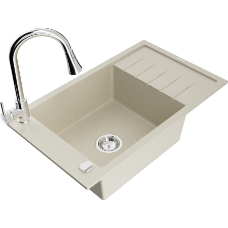 Mexen Elias zlewozmywak granitowy 1-komorowy z ociekaczem i baterią kuchenną Elia, beżowy - 6511-69-670101-00