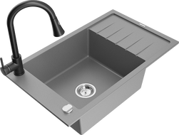 Mexen Elias zlewozmywak granitowy 1-komorowy z ociekaczem i baterią kuchenną Elia, szary - 6511-71-670101-70