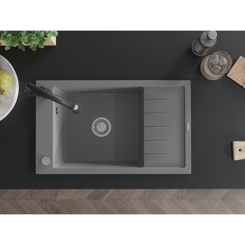 Mexen Elias zlewozmywak granitowy 1-komorowy z ociekaczem i baterią kuchenną Elia, szary - 6511-71-670101-70