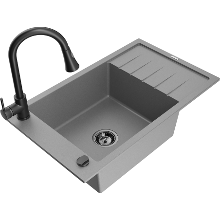 Mexen Elias zlewozmywak granitowy 1-komorowy z ociekaczem i baterią kuchenną Elia, szary - 6511-71-670101-70-B