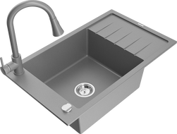 Mexen Elias zlewozmywak granitowy 1-komorowy z ociekaczem i baterią kuchenną Elia, szary - 6511-71-670101-71