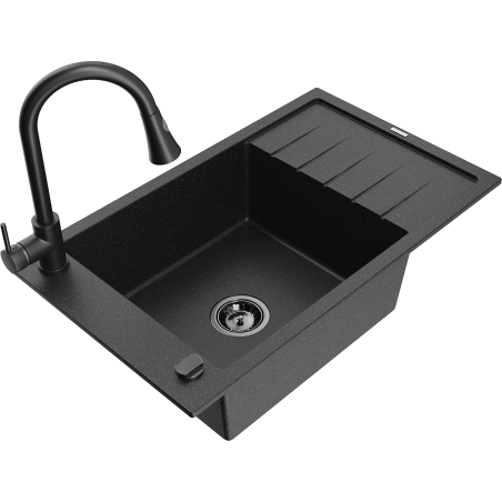 Mexen Elias zlewozmywak granitowy 1-komorowy z ociekaczem i baterią kuchenną Elia, czarny/srebrny metalik - 6511-73-670101-70-B